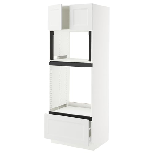 White SEKTION kitchen unit: three compartments, two open shelves, one drawer; sleek, modern design.