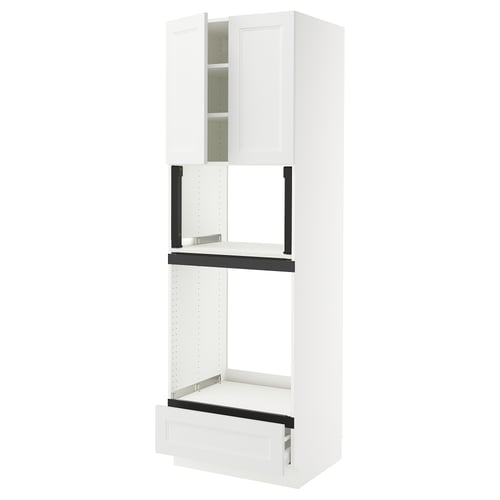 Pictured: SEKTION white kitchen cabinet set. Modern design, includes tall cabinet with drawers and shelves. White, sleek, and functional.