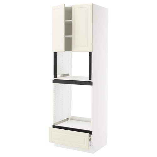 A white SEKTION kitchen cabinet with off-white doors and drawer, including an open drawer and an adjustable shelf.