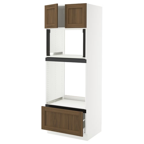 Ikea SEKTION white kitchen cabinet with walnut shelves.