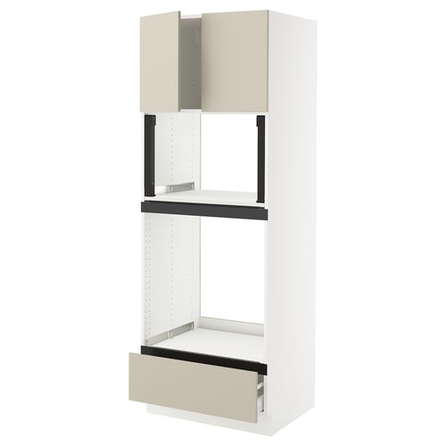 White SEKTION kitchen cabinet, beige drawers and door, three shelves.