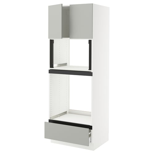 SEKTION kitchen unit, light grey, modern design, white shelves, three sections, tall.