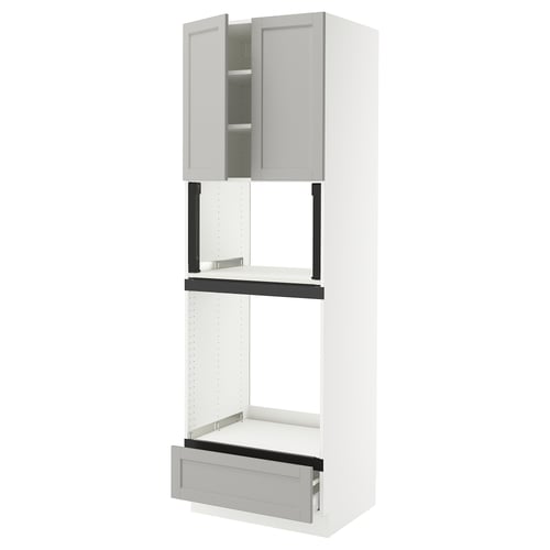 An IKEA SEKTION kitchen unit in white with grey lerhyttan doors, including a cabinet and drawer, offering a classic look.