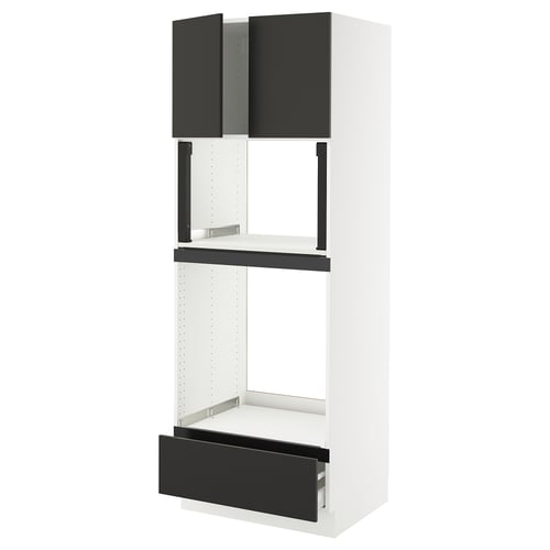 A modern white ikea SEKTION kitchen unit with black drawers and doors, stylish and versatile.
