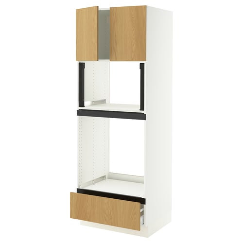 Depicts a white and oak SEKTION kitchen cabinet with adjustable shelves and a single drawer.