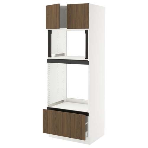 SEKTION: modern white kitchen unit with wooden drawer and doors. Tall, rectangular shape, smooth, sleek design.