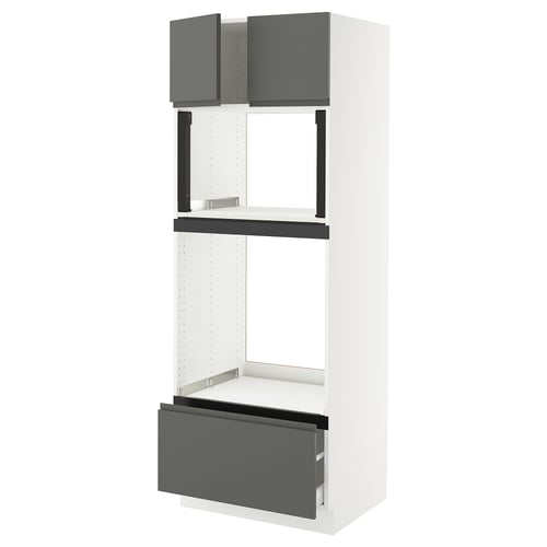 White ikea SEKTION kitchen unit with dark gray accents, open & closed storage.