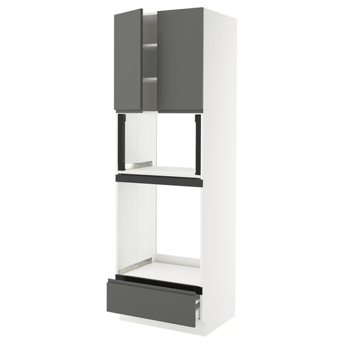 Modern gray cabinet from ikea SEKTION line. Tall, white with dark gray drawers and doors. Comes with integrated handles and multiple shelves.