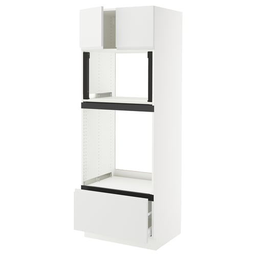 White SEKTION kitchen unit, matte finish, modern design, tall with shelves.