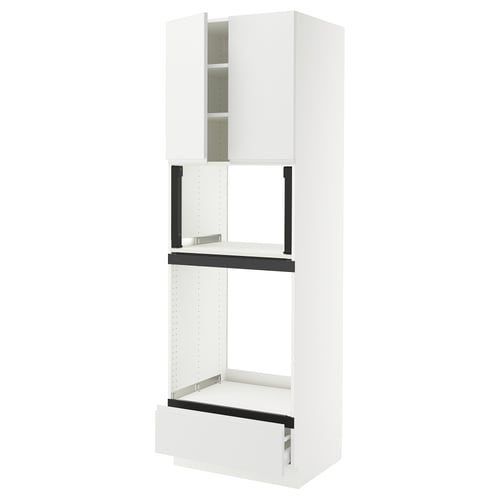 A white modern kitchen cabinet, part of the SEKTION system. Its tall with two doors, one shelf, and a drawer.