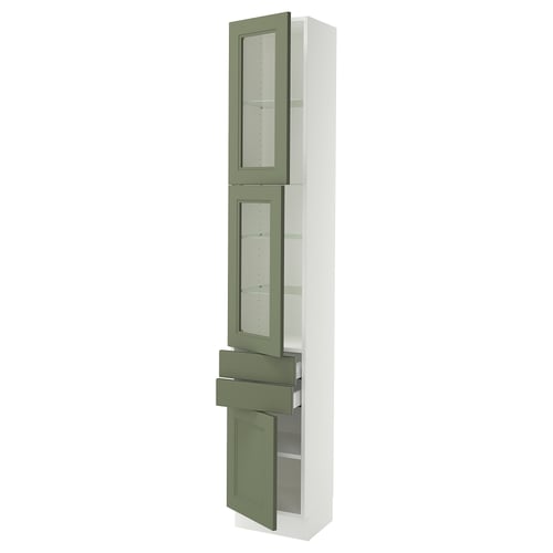 SEKTION tall kitchen cabinet with grey-green glass doors, white frame, adjustable shelves, and smooth-running drawers.