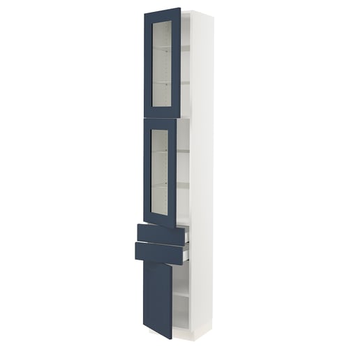 SEKTION kitchen cabinet with blue glass doors, white frame.
