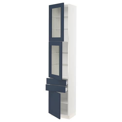 A blue and white SEKTION tall kitchen cabinet with glass doors and adjustable shelves.