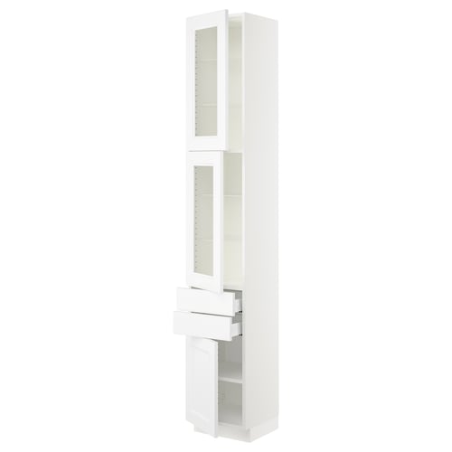 A white SEKTION kitchen cabinet with glass doors and drawers. It has a sleek, modern design.