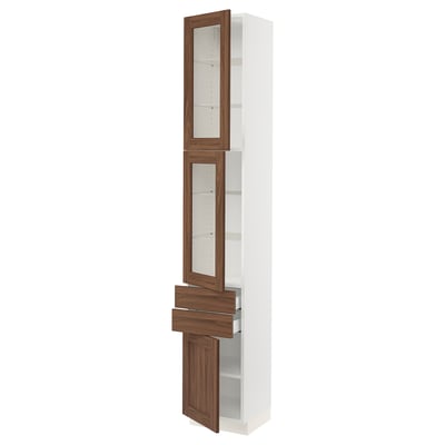 SEKTION white cabinet with walnut doors, adjustable shelves, and drawer.