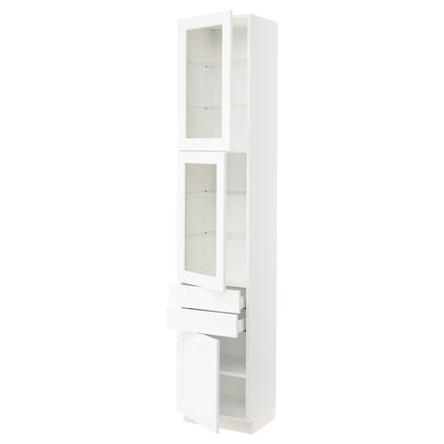 A tall white SEKTION kitchen cabinet with glass doors and drawers. It a clean, modern design with adjustable shelves for storage.