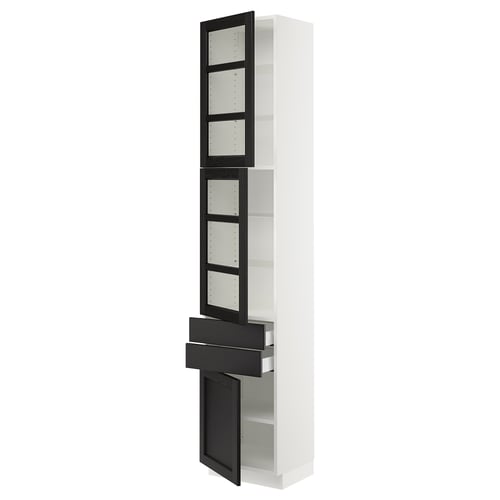 SEKTION kitchen cabinet, white with black stained glass doors, adjustable shelves, soft-close hinges.