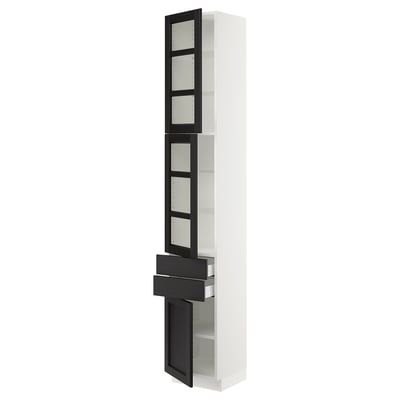 Modern kitchen cabinet, SEKTION, white with black stained glass doors, sleek design, adjustable shelves, sturdy frame.