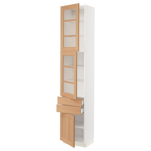 White kitchen cabinet with oak drawers and glass doors.
