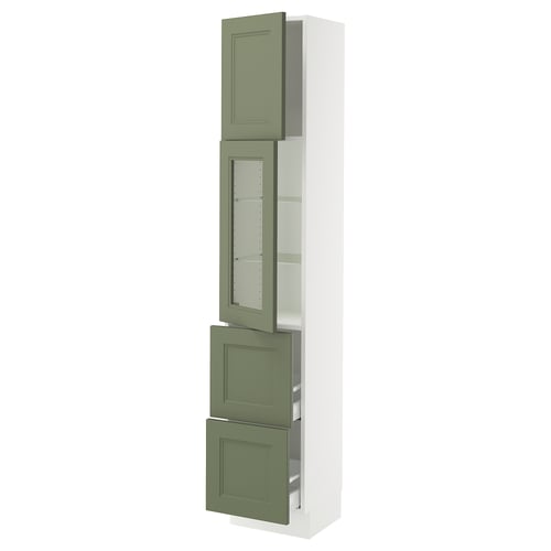 Modern kitchen cabinet, white with green doors, 3 shelves, glass mid-section.