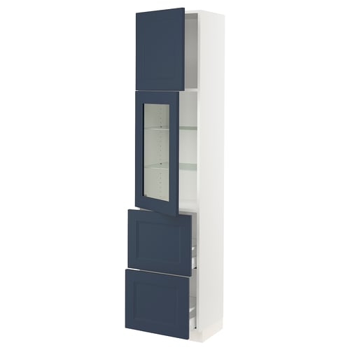 Blue & white kitchen cabinet with glass/solid doors, sleek modern/traditional design, adjustable shelves.