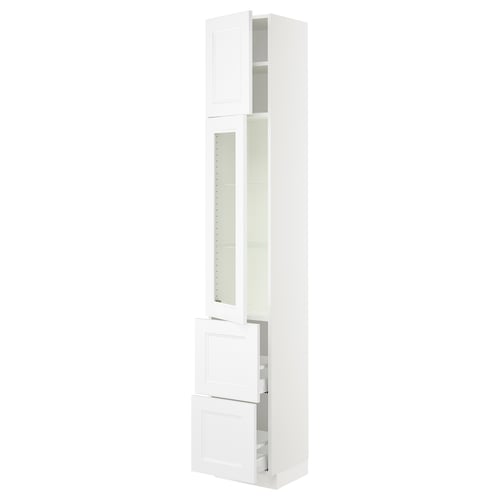 White SEKTION kitchen unit with glass doors and shelves.