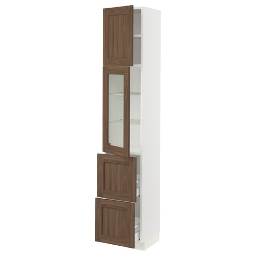 A tall white kitchen cabinet with walnut-colored wood grain doors. It glass shelves and adjustable shelves behind the doors.