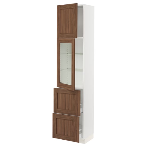 Ikea SEKTION white kitchen cabinet with walnut doors, glass, and adjustable shelves.