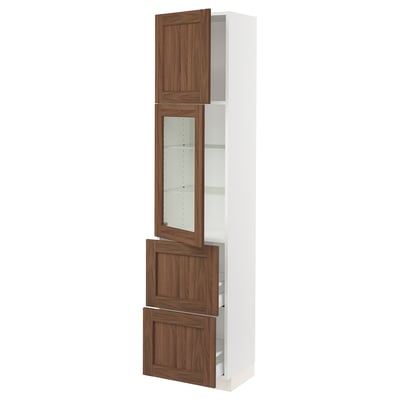 SEKTION / MAXIMERA Hi cb w glass dr/2 drawers/1 door, white Enköping/brown walnut effect, 18x15x80 "