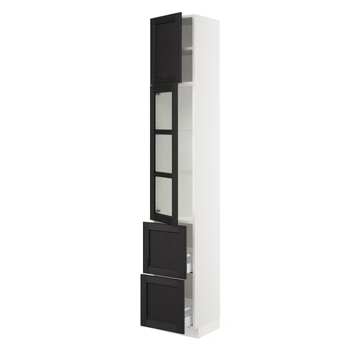 SEKTION white kitchen cabinet with dark-stained glass doors, adjustable shelves, and soft-close drawers.