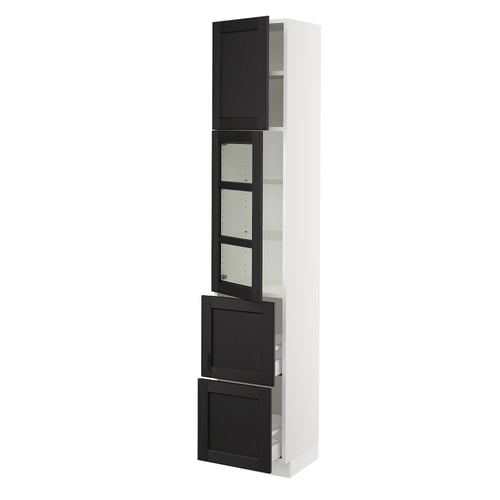 Modern tall white cabinet with black stained wood and glass doors.