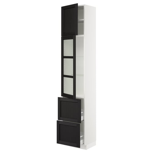 Displays a SEKTION white kitchen cabinet with black stained lerhyttan glass doors and drawers, featuring bevelled edges and adjustable shelves.