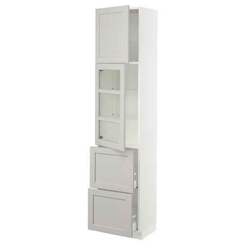 SEKTION kitchen cabinet in light grey with glass doors, bevelled edges, adjustable shelves, full-extension drawers, and soft-close hinges.