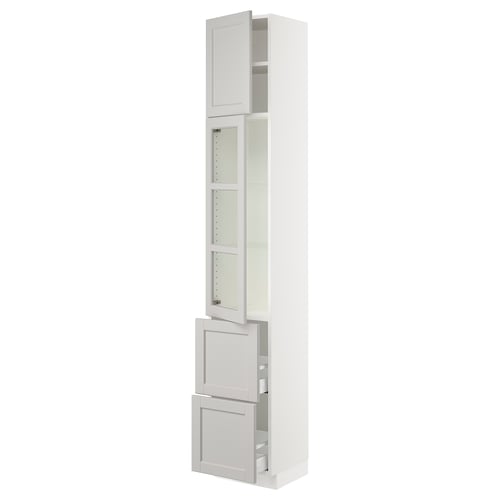 SEKTION / MAXIMERA Hi cb w glass dr/2 drawers/1 door, white/Lerhyttan light gray, 15x15x90 "