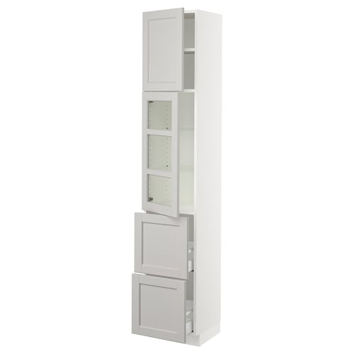 A modern, light grey, tall kitchen cabinet with glass doors, featuring adjustable shelves and a drawer.