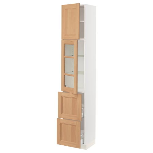 Ikea SEKTION kitchen cabinet in white and oak, tall with open door, wood front, and glass shelves.