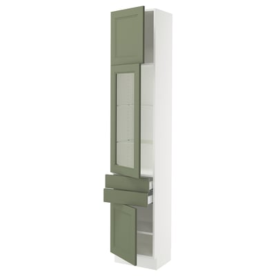 SEKTION / MAXIMERA Hi cb w glass dr/2 drwrs/2 doors, white/Axstad gray-green, 18x15x90 "