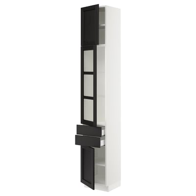 SEKTION / MAXIMERA Hi cb w glass dr/2 drwrs/2 doors, white/Lerhyttan black stained, 15x15x90 "