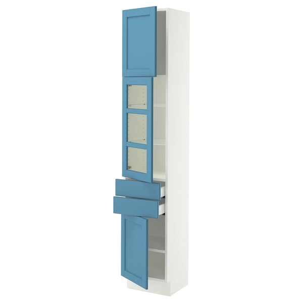 SEKTION / MAXIMERA Hi cb w glass dr/2 drwrs/2 doors, white/Lerhyttan blue, 15x15x80 "
