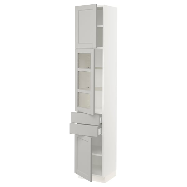 SEKTION / MAXIMERA Hi cb w glass dr/2 drwrs/2 doors, white/Lerhyttan light gray, 15x15x80 "