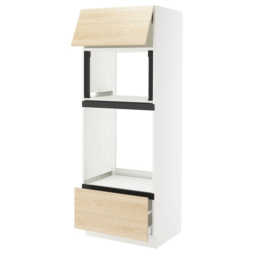 Modern white kitchen cabinet with light wooden accents, drawer, and open shelves.