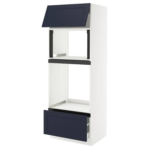 White kitchen cabinet with blue drawers and shelf, modern finish.