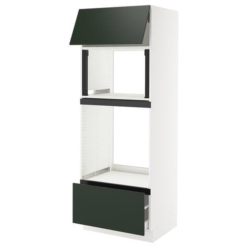 SEKTION kitchen unit in white with green handles. Tall, open design with adjustable shelves and a drawer. Modern and sleek.