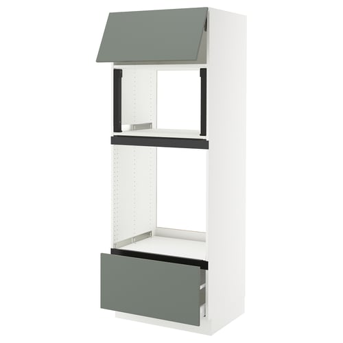 An ikea SEKTION kitchen cabinet in white with green-gray accents. It has a top shelf, a drawer, and sturdy frame construction.