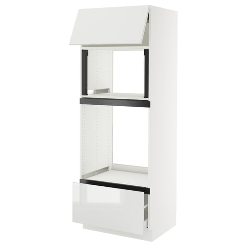 SEKTION white kitchen unit: high gloss, sleek modern design, with high cabinet, shelf, and drawer.