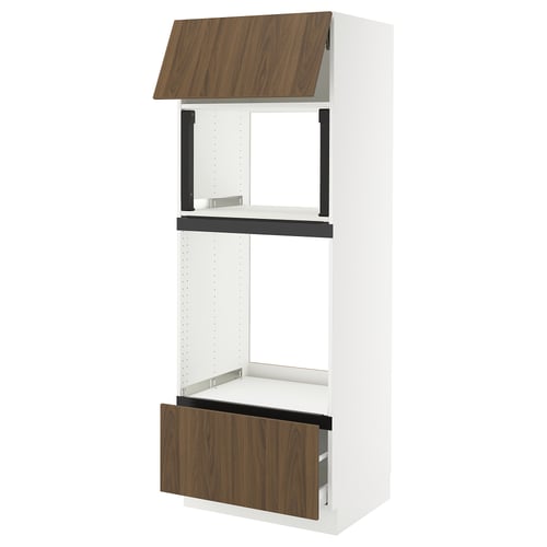 White SEKTION kitchen cabinet with walnut drawer and shelf, modern design.