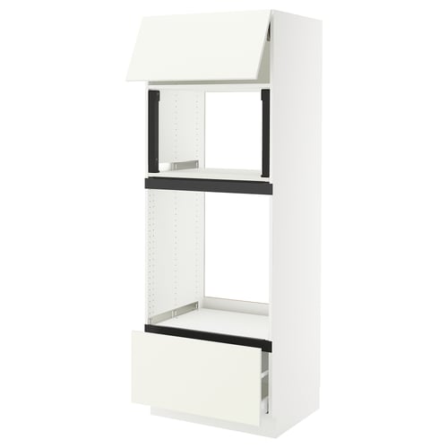 An ikea SEKTION kitchen cabinet in white. It has an open drawer and shelf, designed with sleek modern lines.