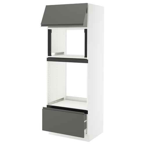 A modern white kitchen cabinet with grey drawer and shelf, featuring a sleek design and sturdy construction.