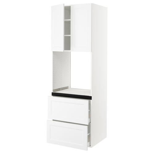 White kitchen cabinet from SEKTION series. Tall, rectangular design with open shelves and closed drawers. Modern, clean styling in white.
