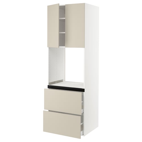 A modern SEKTION kitchen unit with beige havstorp fronts. It two shelves, two drawers, and a smooth finish.
